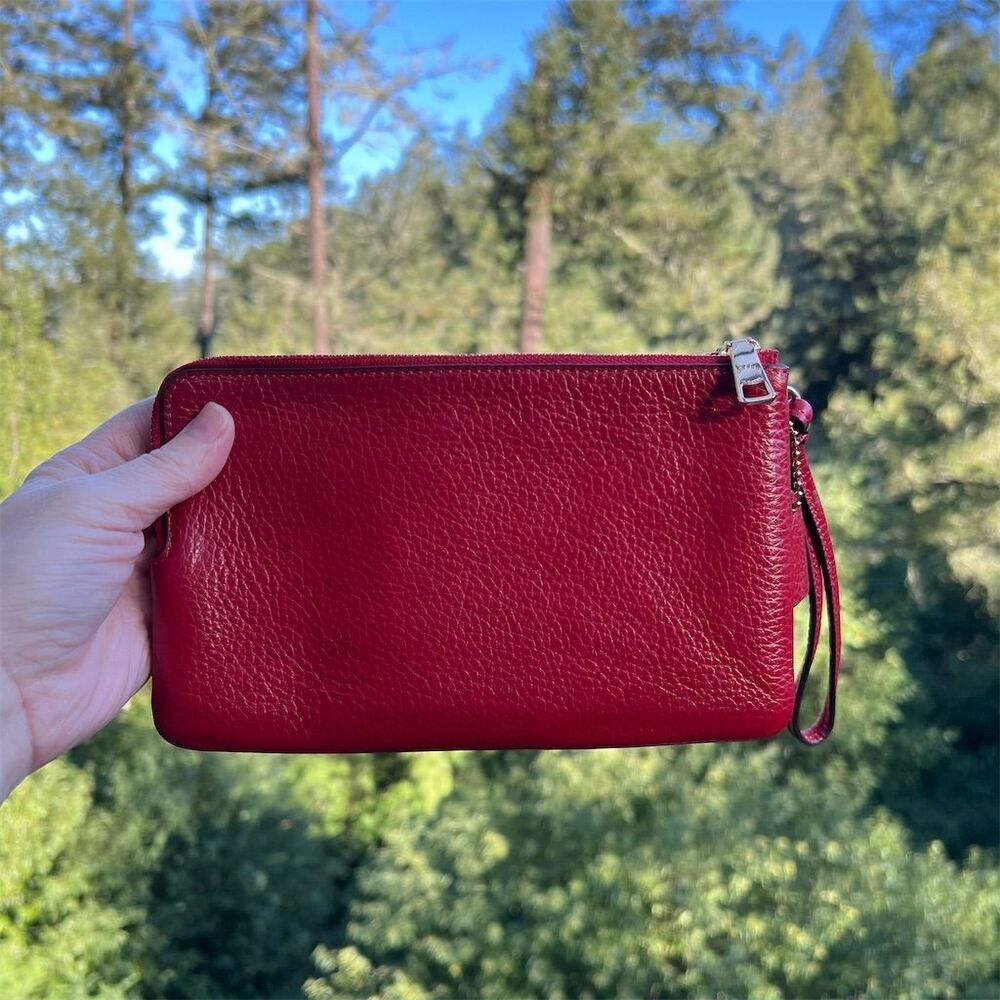 COACH Double Zip Wristlet Phone Wallet Red Pebble Leather Gold Hardware AUTHNTC - Picture 2 of 12